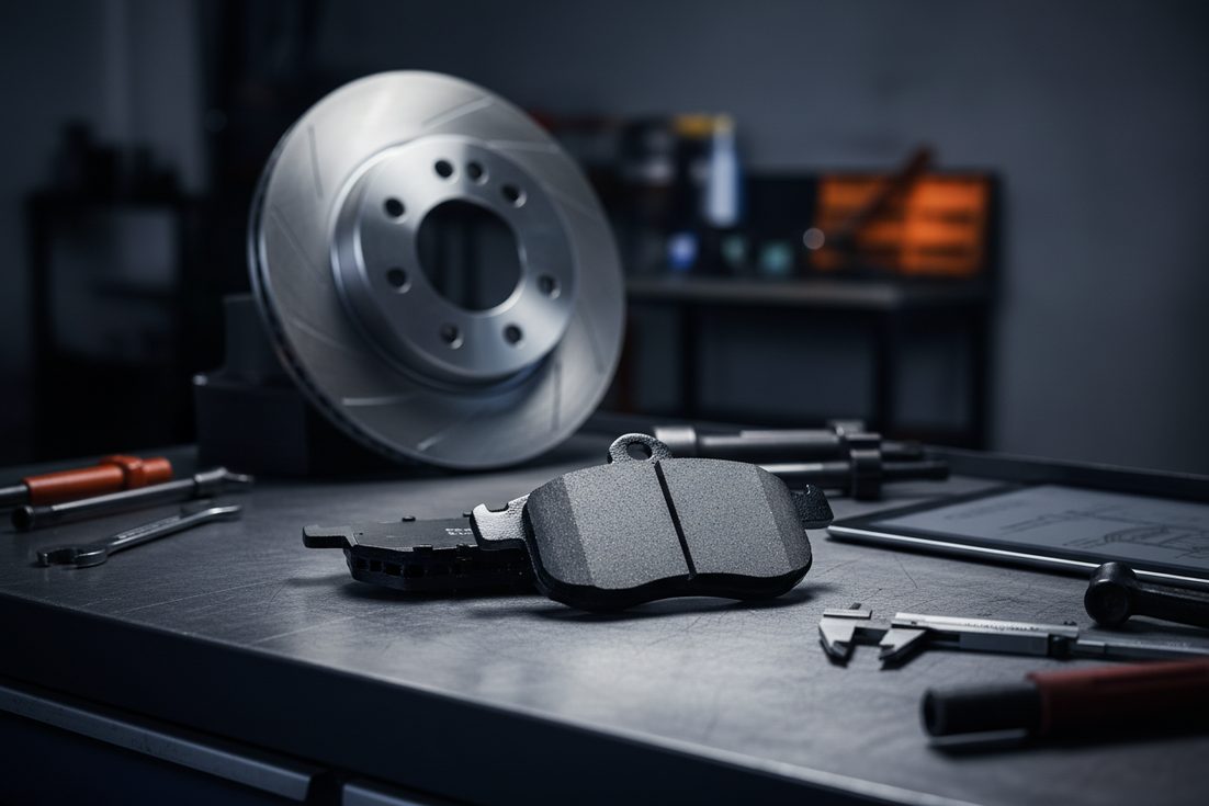 Professional close-up of ceramic brake pads from a leading manufacturer in China, showing the friction material and backing plate.