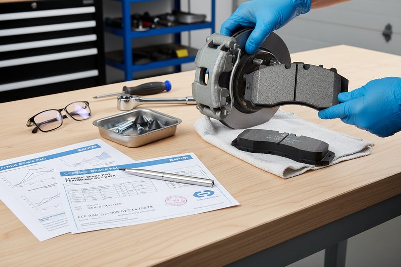 Technical data sheet and ECE R90 certification document for ceramic brake pads on a desk.