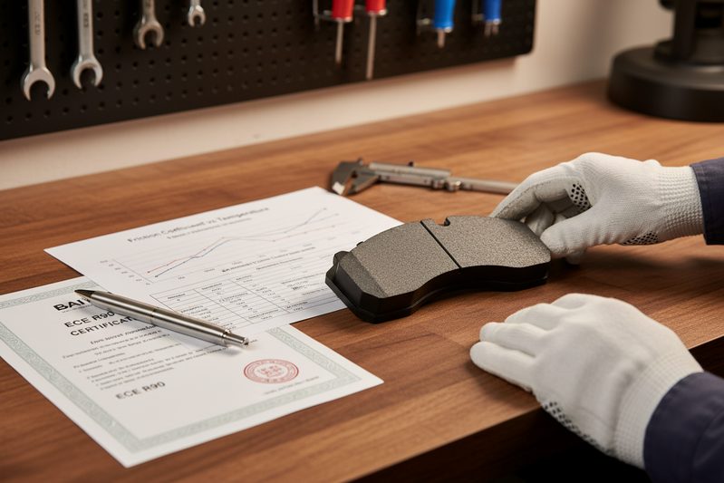 Technical data sheet and ECE R90 certification document for ceramic brake pads on a desk.