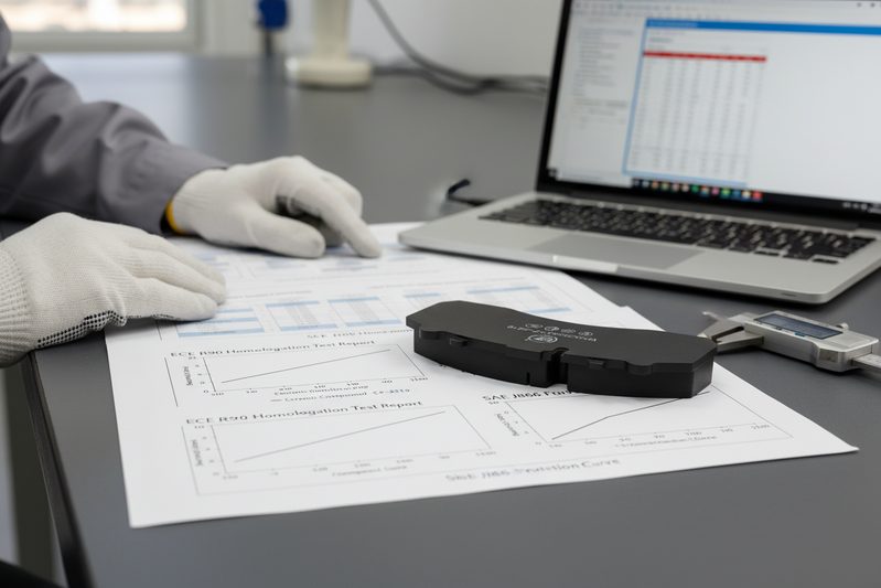 Technical document showing ECE R90 certification and friction test graphs for ceramic brake pads.
