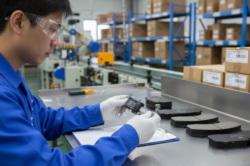 BAIYUN Brake factory technician performing a final quality inspection on a batch of ceramic brake pads before packaging.