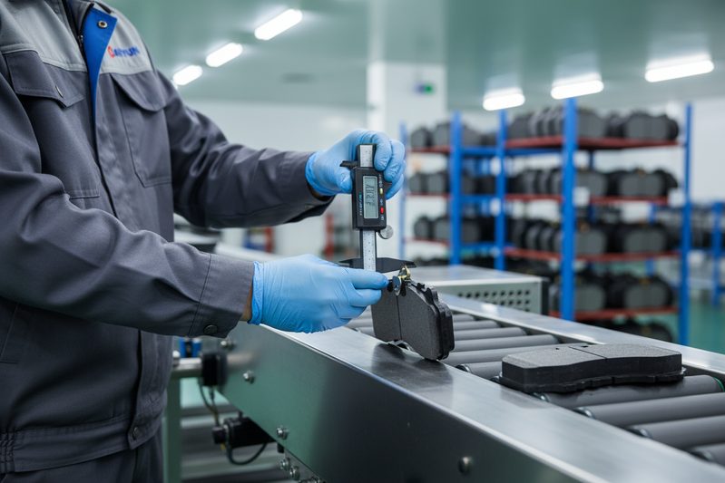 Quality control inspection of ceramic brake pads on a production line in a modern factory.