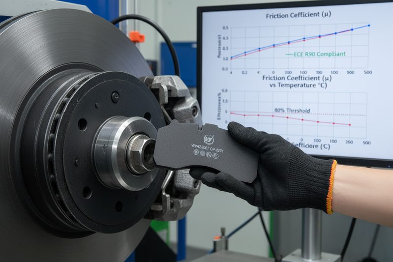 Close-up of a brake pad dynamometer testing station showing graphs of friction coefficient vs. temperature, illustrating ECE R90 testing requirements.