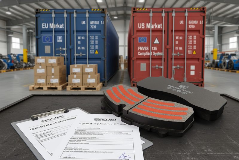 Side-by-side comparison of shipping containers labeled for EU and US markets, with ECE R90 and FMVSS 135 documentation, for importers and distributors.