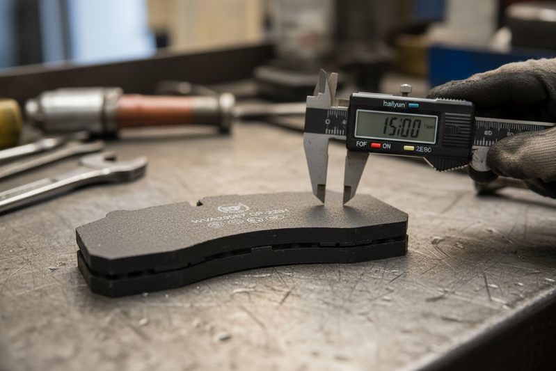 Close-up technical detail of heavy-duty semi-metallic disc brake pad for trucks