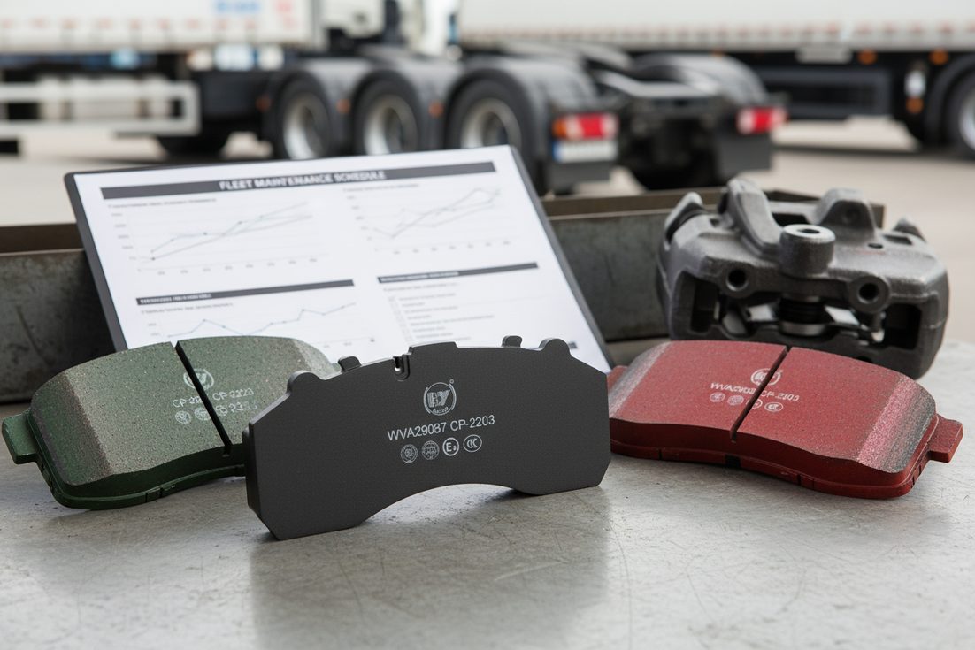 Heavy duty truck brake pads wholesale China selection for fleet managers on a workbench