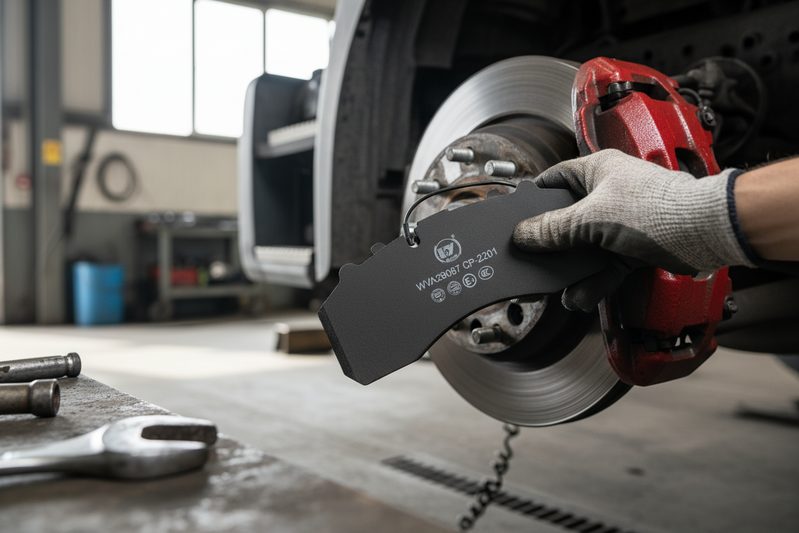 Close-up of heavy duty truck disc brake pad with wear sensor and chamfered edges