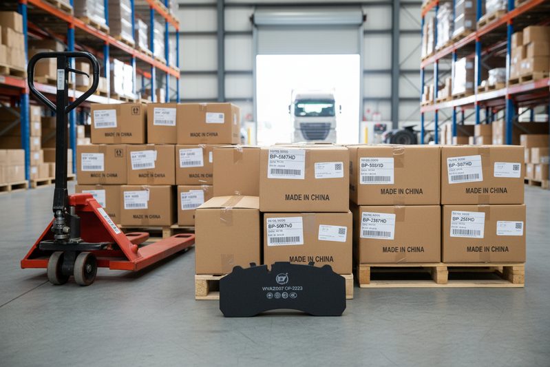 Stacked boxes of commercial vehicle brake pads ready for wholesale shipment from factory