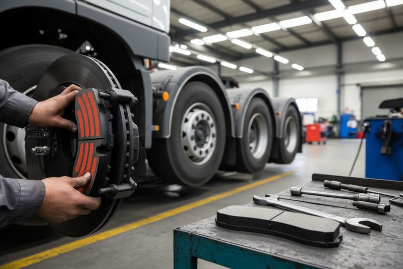 Close-up of heavy duty brake pad friction material and backing plate, showing chamfers and slots for heat dissipation.
