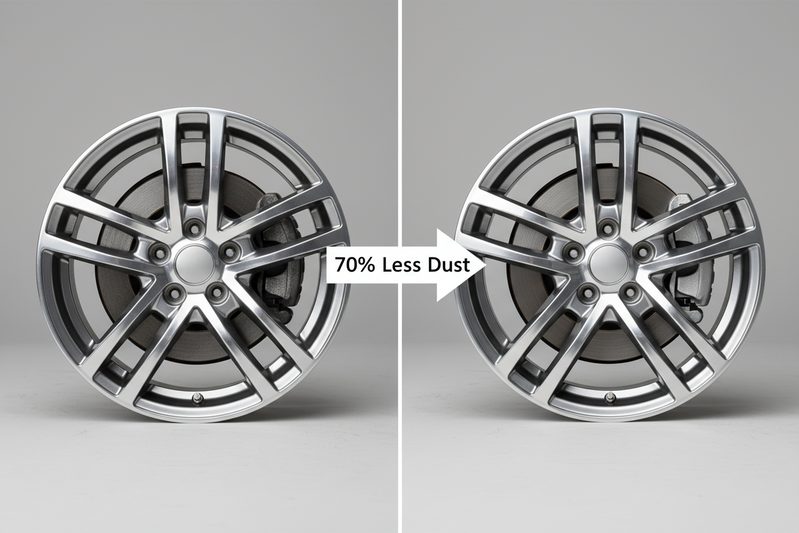 Close-up comparison of wheel cleanliness with ceramic vs. metallic brake pads, highlighting reduced dust.