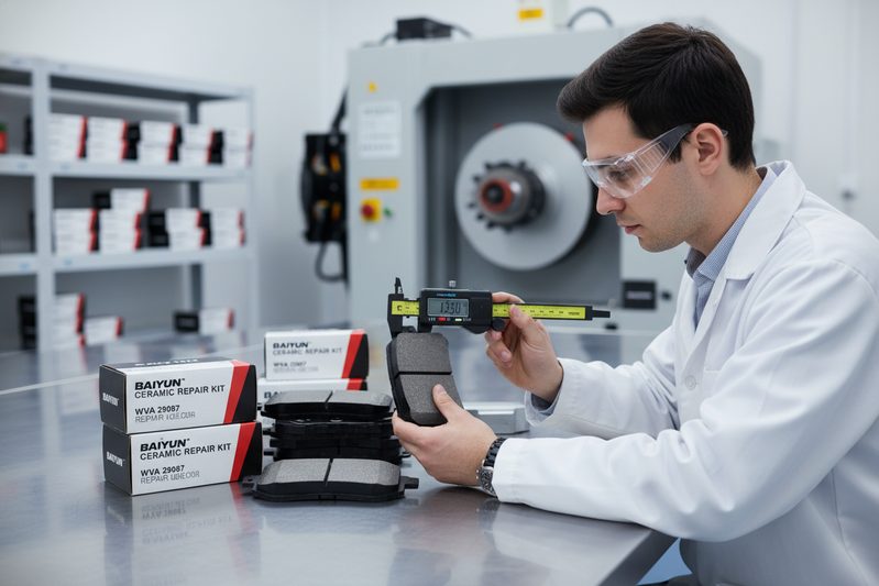 BAIYUN Brake engineer inspecting ceramic brake pad compound in a certified quality control laboratory.