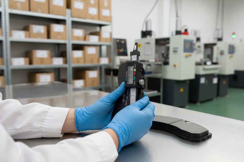 Close-up inspection of brake pad friction material and backing plate to evaluate Chinese manufacturer quality control.