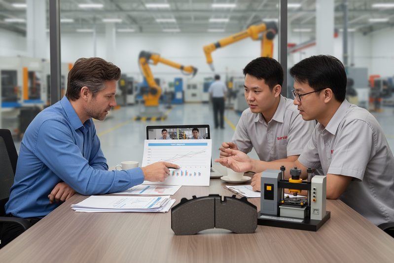 Professional meeting between international buyer and Chinese brake pad factory engineers to evaluate supplier capabilities.