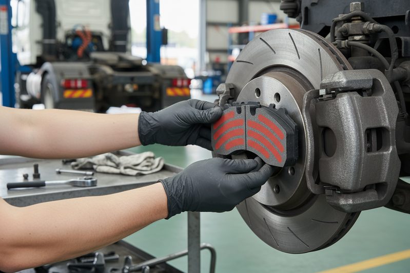 Close-up of a heavy duty truck brake pad being installed on a rotor, showing system compatibility