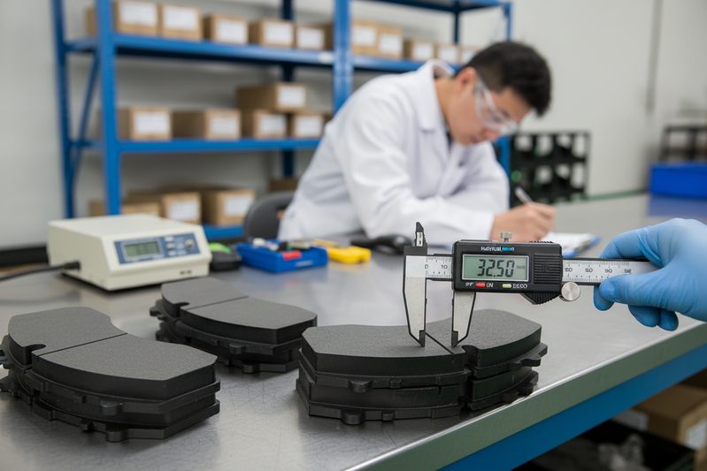 BAIYUN Brake factory technician performing quality control check on batch of truck brake pads