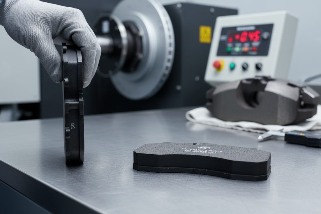 Brake pad friction coefficient guide showing SAE J866 rating codes GG, GH, HH on commercial vehicle brake pads.