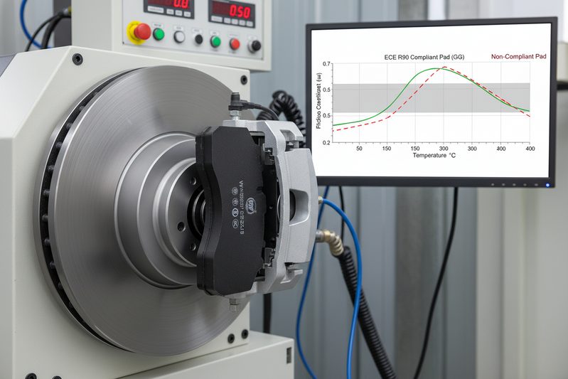 ECE R90 dynamometer testing graph showing stable friction coefficient across temperature range for commercial vehicle brake pads.