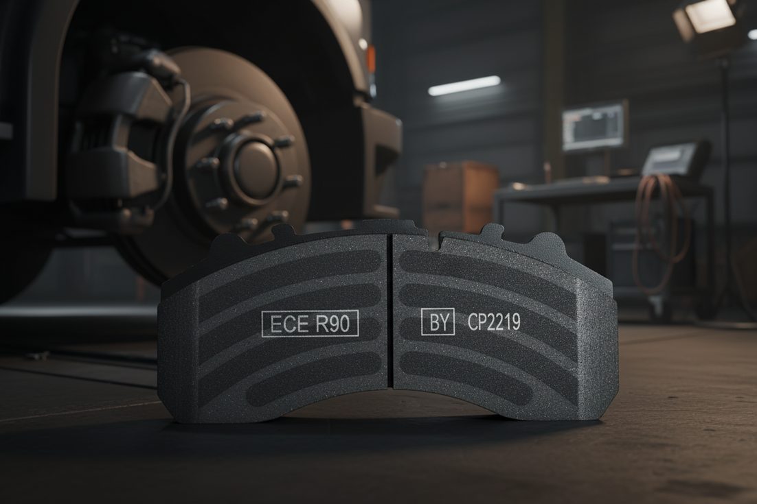 Close-up detail of an ECE R90 certified brake pad showing the regulation stamp and friction material, highlighting quality and compliance.