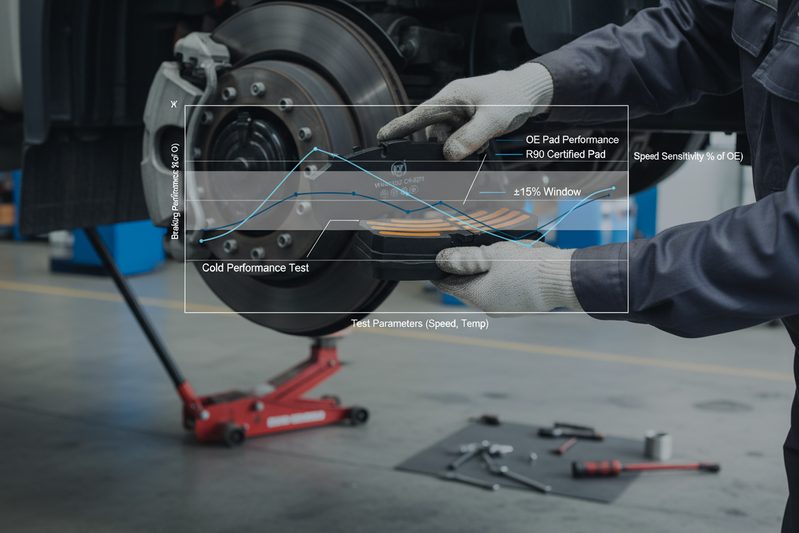 Technical diagram overlay on a brake pad, illustrating ECE R90 testing parameters like friction coefficient and temperature ranges.