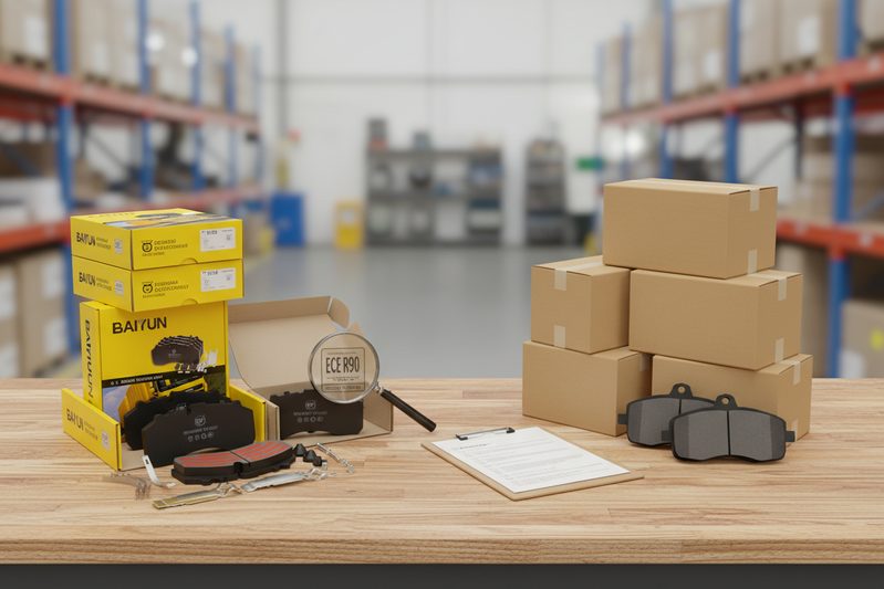 Side-by-side comparison of certified ECE R90 brake pads in packaging versus uncertified pads, emphasizing the importance of proper labeling for importers.