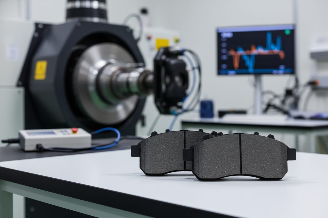 Ceramic vs semi-metallic brake pads comparison side-by-side on a dynamometer test bench