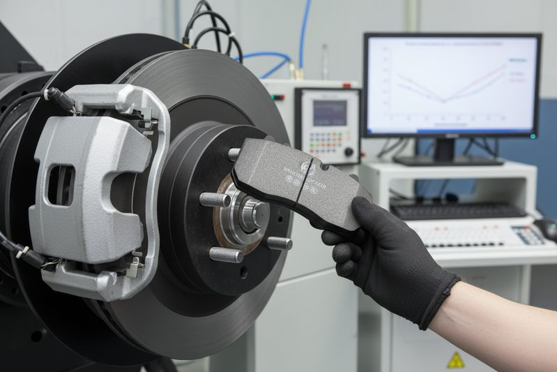 Graph showing friction coefficient vs temperature for ceramic and semi-metallic brake pad materials