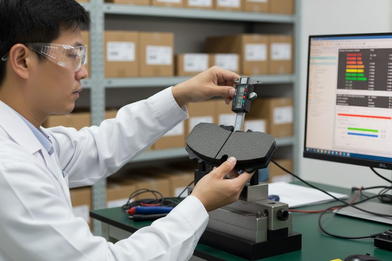 BAIYUN Brake technician inspecting commercial vehicle brake pads in a quality control lab