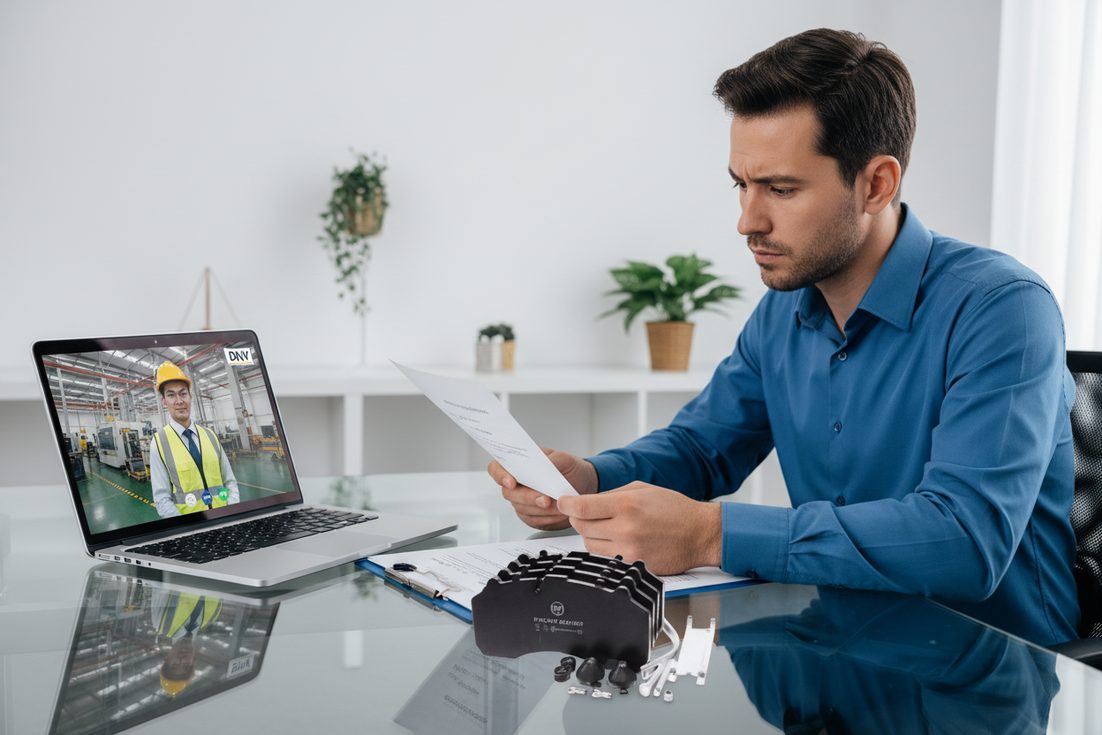Professional evaluating a Chinese brake pad manufacturer's IATF 16949 certificate and quality documents on a desk.