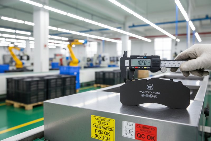 Close-up view of a brake pad factory production line with calibrated measurement equipment visible, indicating real IATF 16949 processes.