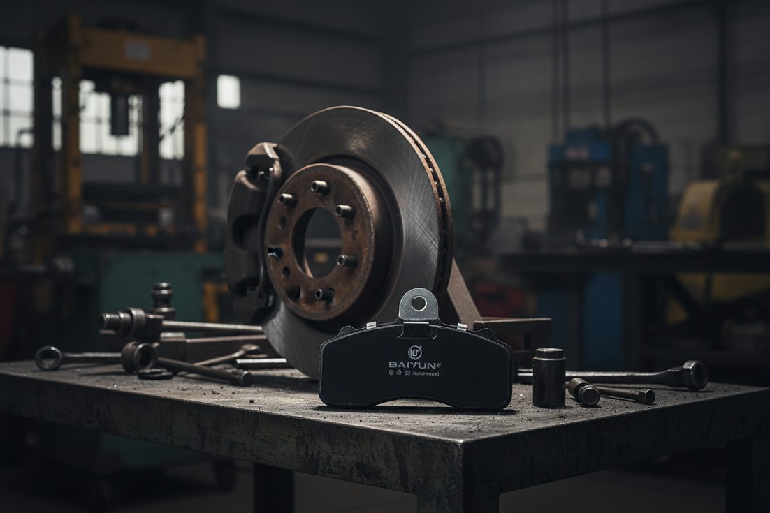 Semi-metallic brake pads wholesale manufacturer - BAIYUN Brake commercial vehicle brake pad set on workbench