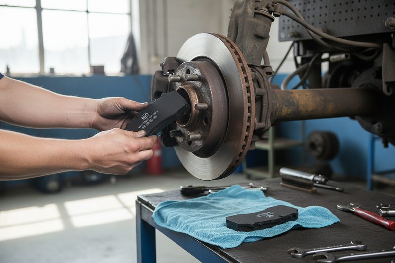 Technical diagram showing heat dissipation in semi-metallic brake pad construction
