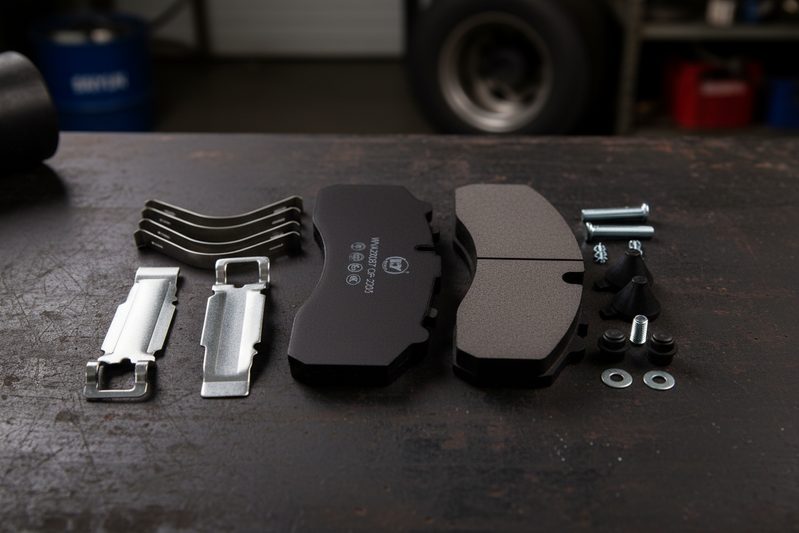 Fleet manager inspecting truck brake pads in a maintenance bay, discussing quality with a technician