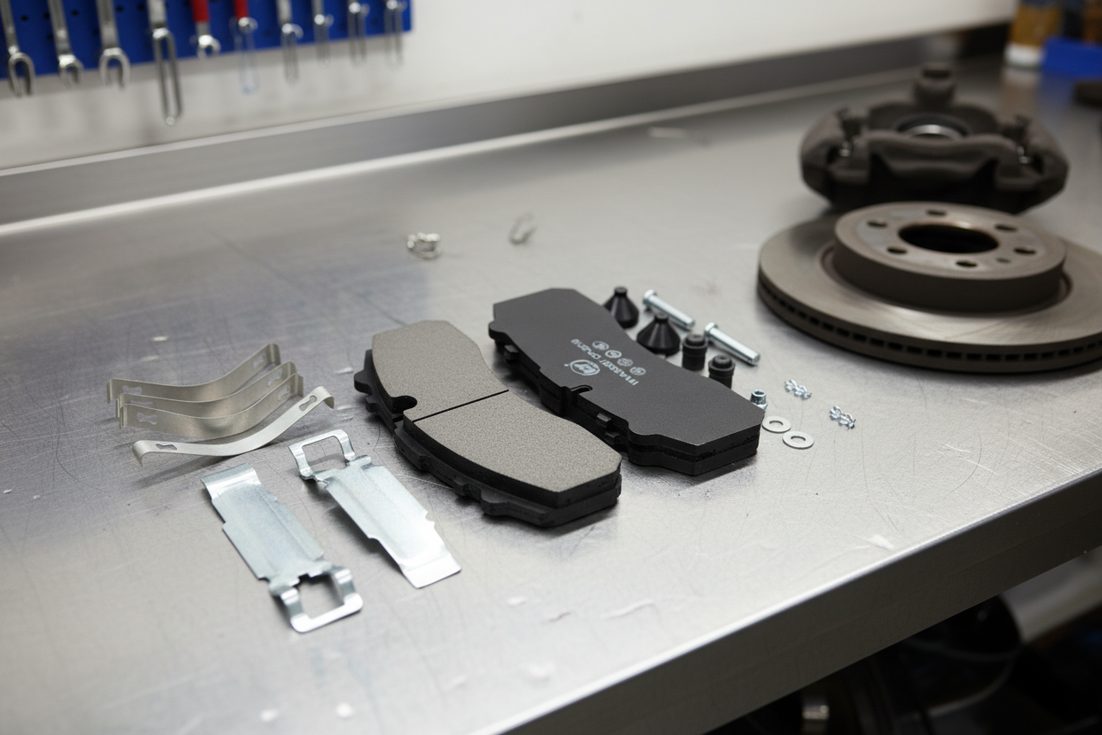 brake pads SUV pickup truck wholesale China: BAIYUN cp2219 model on a workbench with a disc brake caliper and rotor in a service bay