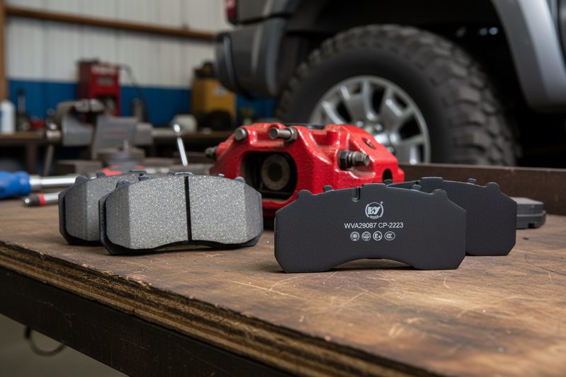 Close-up comparison of ceramic-carbon hybrid and semi-metallic brake pad formulations for 4WD vehicles