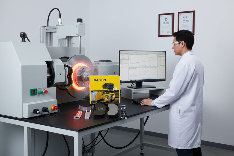 BAIYUN Brake quality control technician performing dynamometer test on a set of heavy-duty brake pads