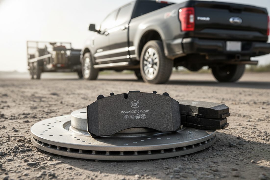 High-performance brake pads for SUV and pickup truck wholesale from China, displayed on a rotor with heavy-duty truck in background.
