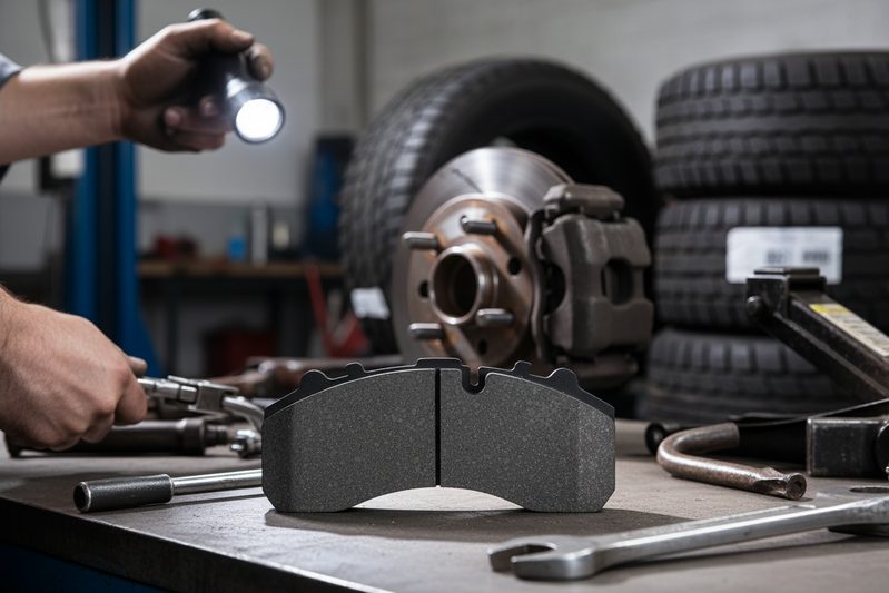 Close-up of BAIYUN Brake's hybrid formulation brake pad for SUVs, showing chamfers and shims for noise reduction.