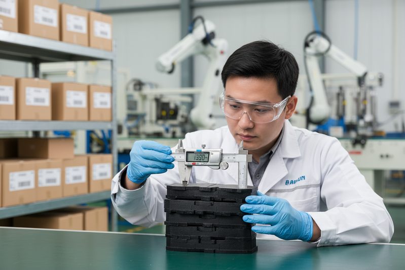 BAIYUN Brake engineer inspecting a batch of finished SUV brake pads in IATF 16949 certified factory.