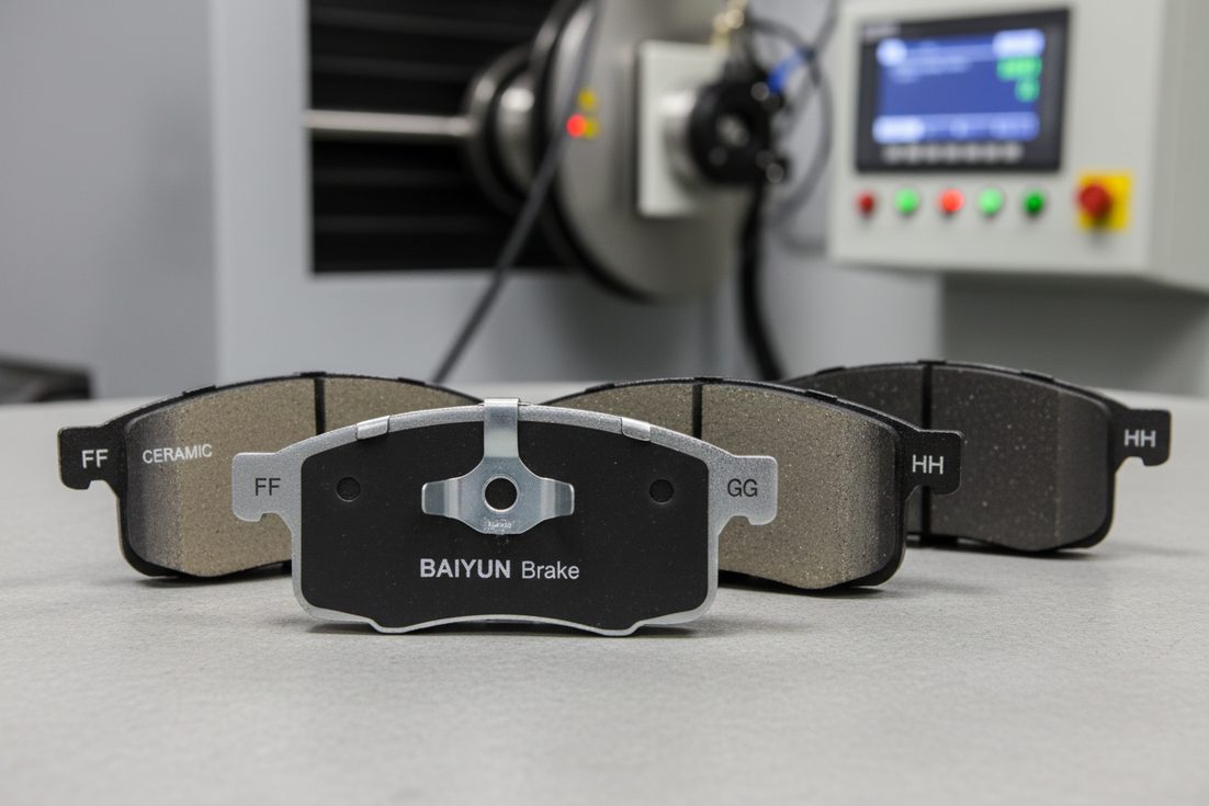 Brake pad friction coefficient guide showing edge codes FF, GG, HH on various brake pads from BAIYUN Brake