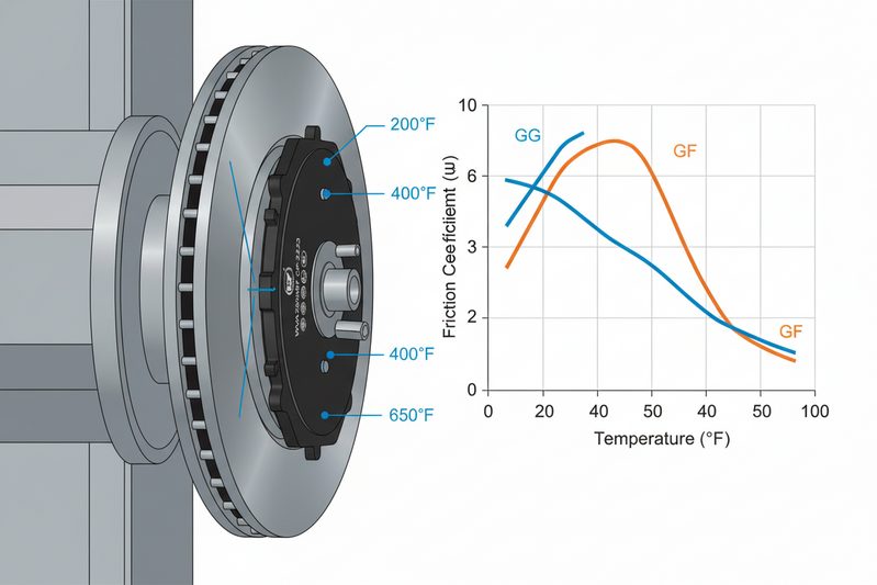 Close-up technical shot of a dynamometer testing brake pad friction coefficient for SAE J866 rating
