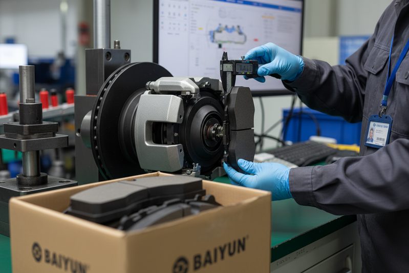 BAIYUN Brake factory technician performing a quality check on brake pad wear indicators in a wholesale production batch.