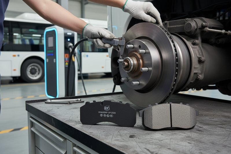 Close-up of EV brake pad material showing low-metallic composition for thermal stability and low dust.