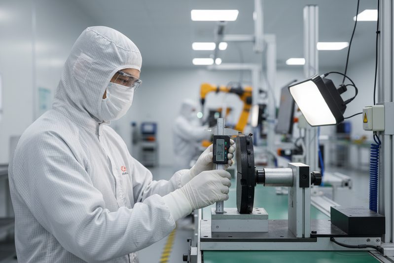 BAIYUN Brake quality control check on a batch of electric vehicle brake pads in their IATF 16949 certified facility.