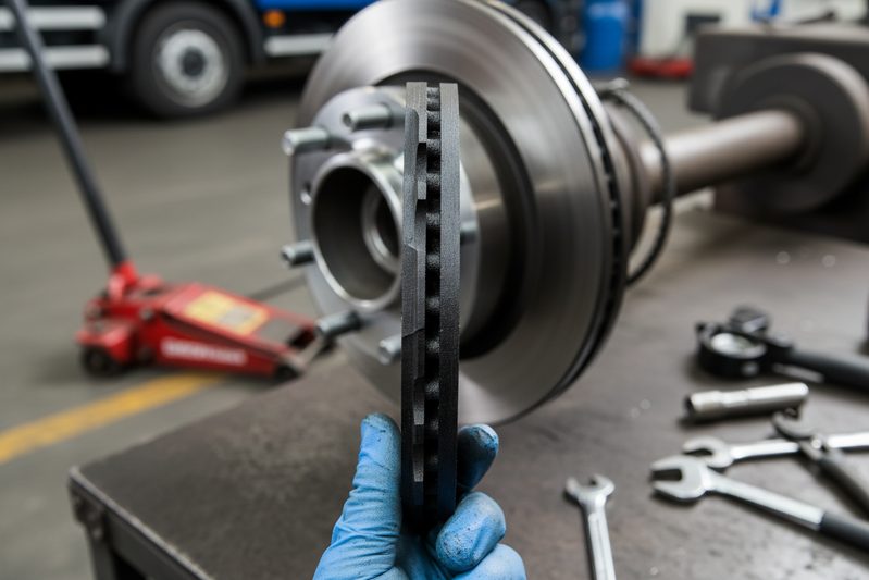Close-up detail of a brake pad's engineered chamfer and slot design for reducing vibration and squeal.