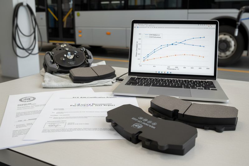 ECE R90 certification document and dynamometer test graph for electric vehicle brake pads from a certified supplier.