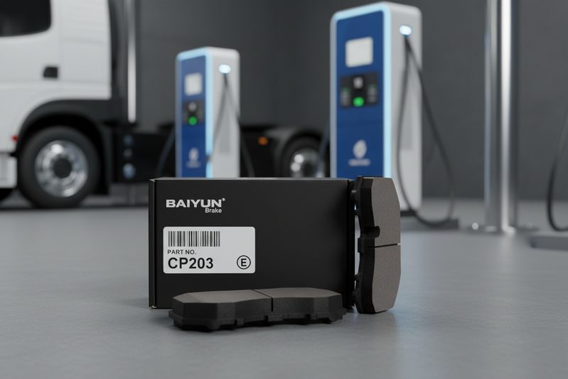 BAIYUN Brake EV-compatible ceramic brake pad set with low-dust formulation, packaged for wholesale distribution.