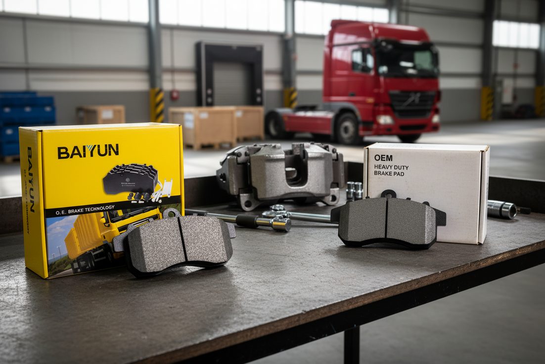 Comparison of OEM and aftermarket heavy duty truck brake pads wholesale from China on a workbench
