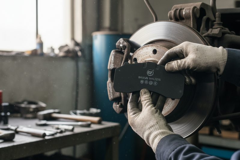 Close-up of a heavy duty disc brake pad for trucks showing friction material and backing plate