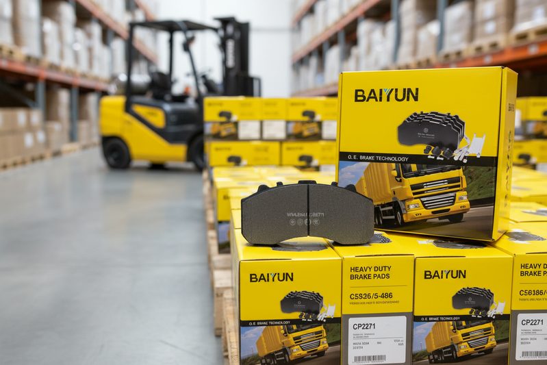 Stack of boxed heavy duty truck brake pads ready for wholesale shipping from factory
