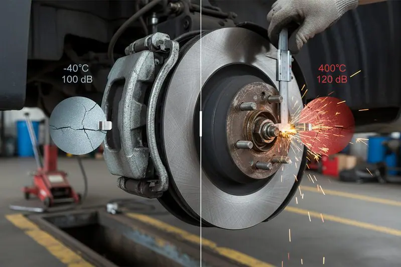 Comparison of brake pad wear indicator function across temperature range for commercial vehicle brake pads